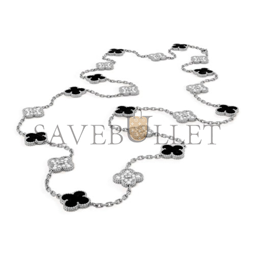 VAN CLEEF ARPELS VINTAGE ALHAMBRA LONG NECKLACE, 20 MOTIFS - WHITE GOLD, DIAMOND, ONYX  VCARP2R800