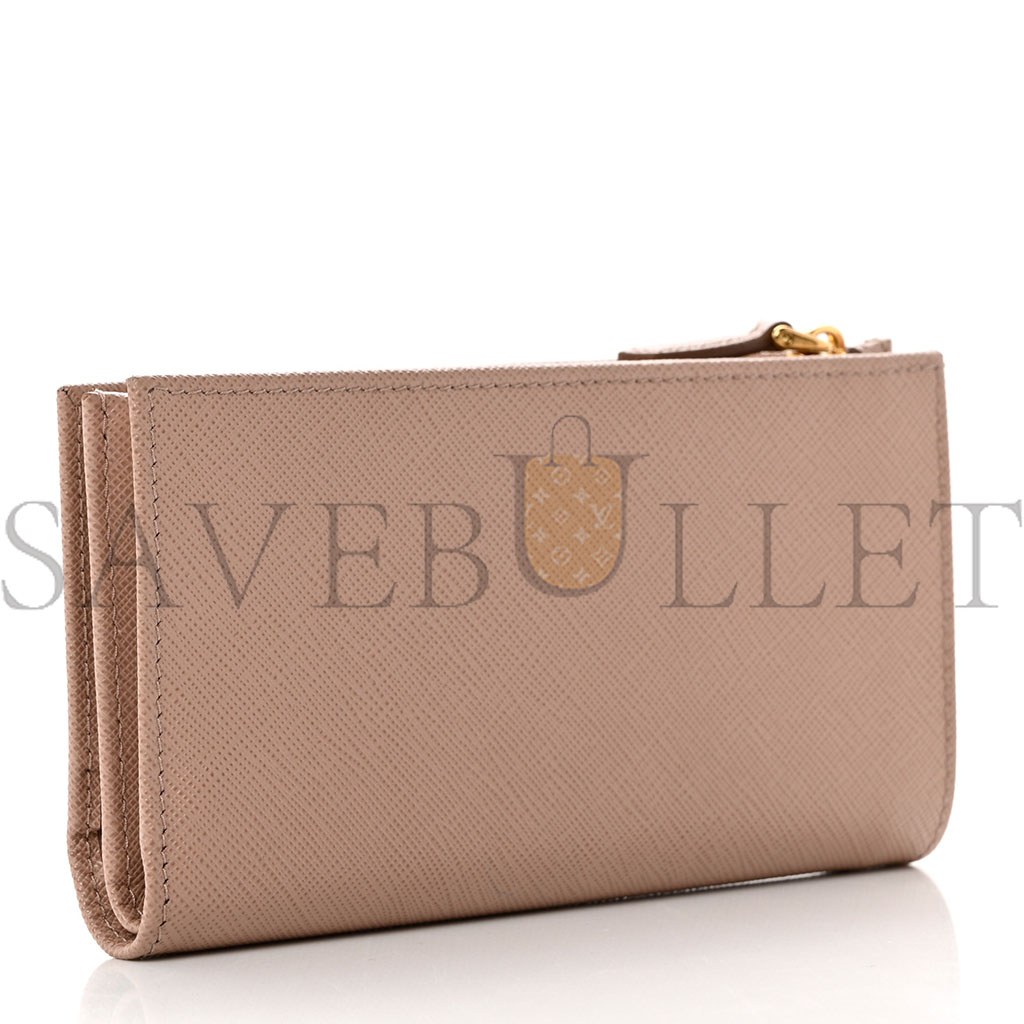 PRADA SAFFIANO TRIANGLE CONTINENTAL ZIP WALLET POWDER PINK (16*9*2cm)