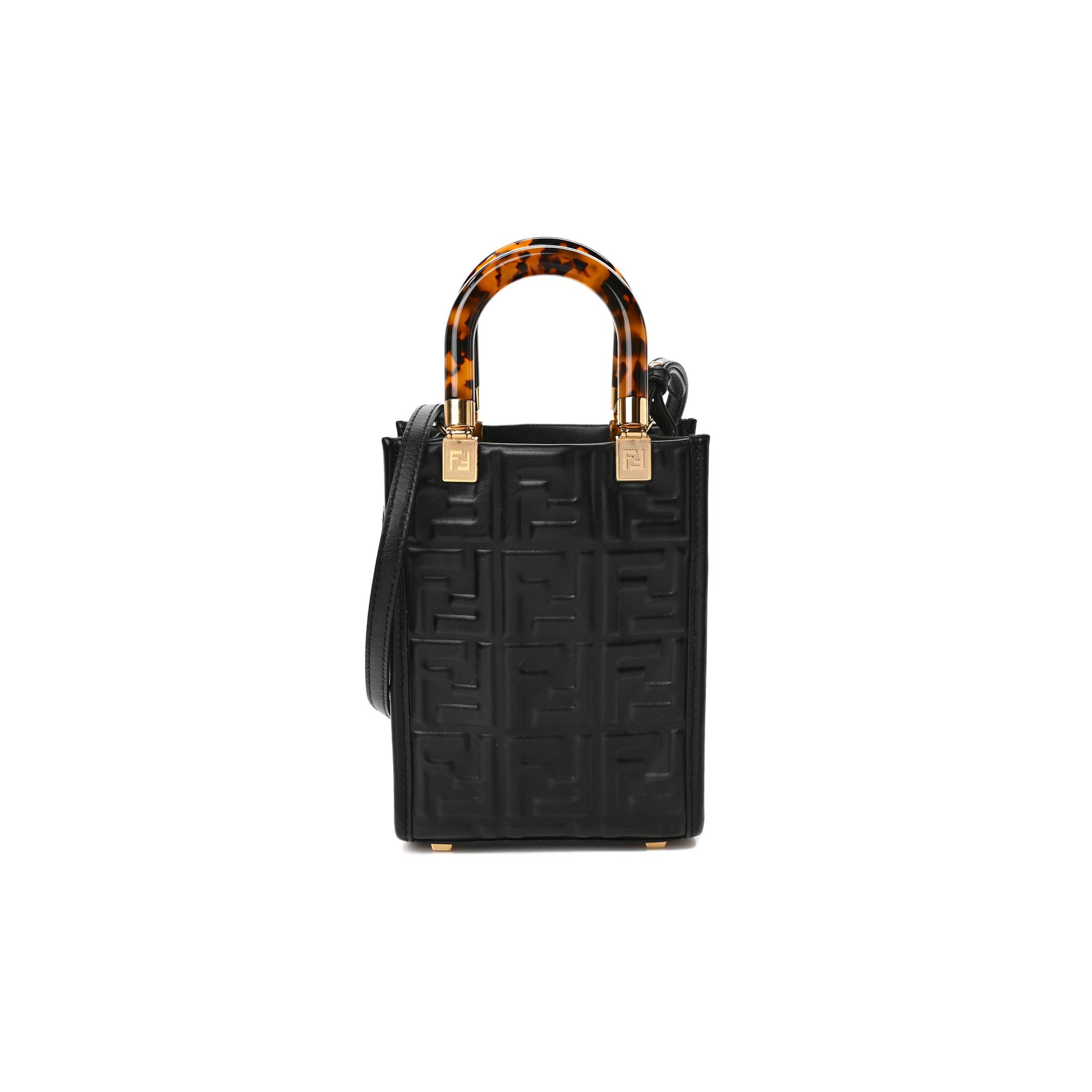 FENDI VITELLO PLEXIGLASS FF EMBOSSED MINI FENDI SUNSHINE SHOPPER TOTE BLACK  (18*13*6cm)