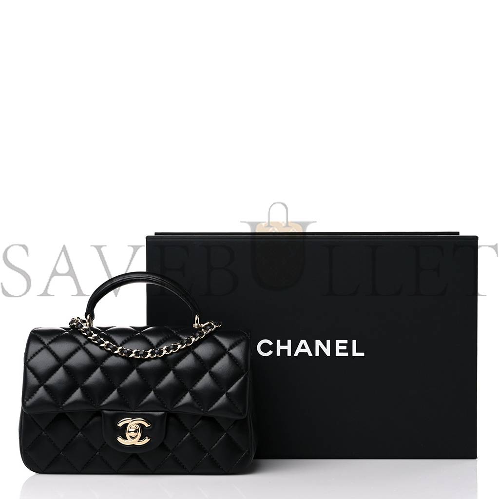 CHANEL LAMBSKIN QUILTED MINI TOP HANDLE RECTANGULAR FLAP BLACK ROSE GOLD HARDWARE0 (20*13*6cm)