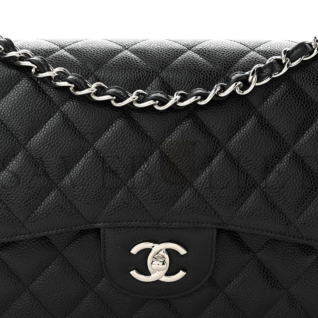 CHANEL CAVIAR QUILTED JUMBO DOUBLE FLAP BLACK SILVER HARDWARE (30*20*9cm)