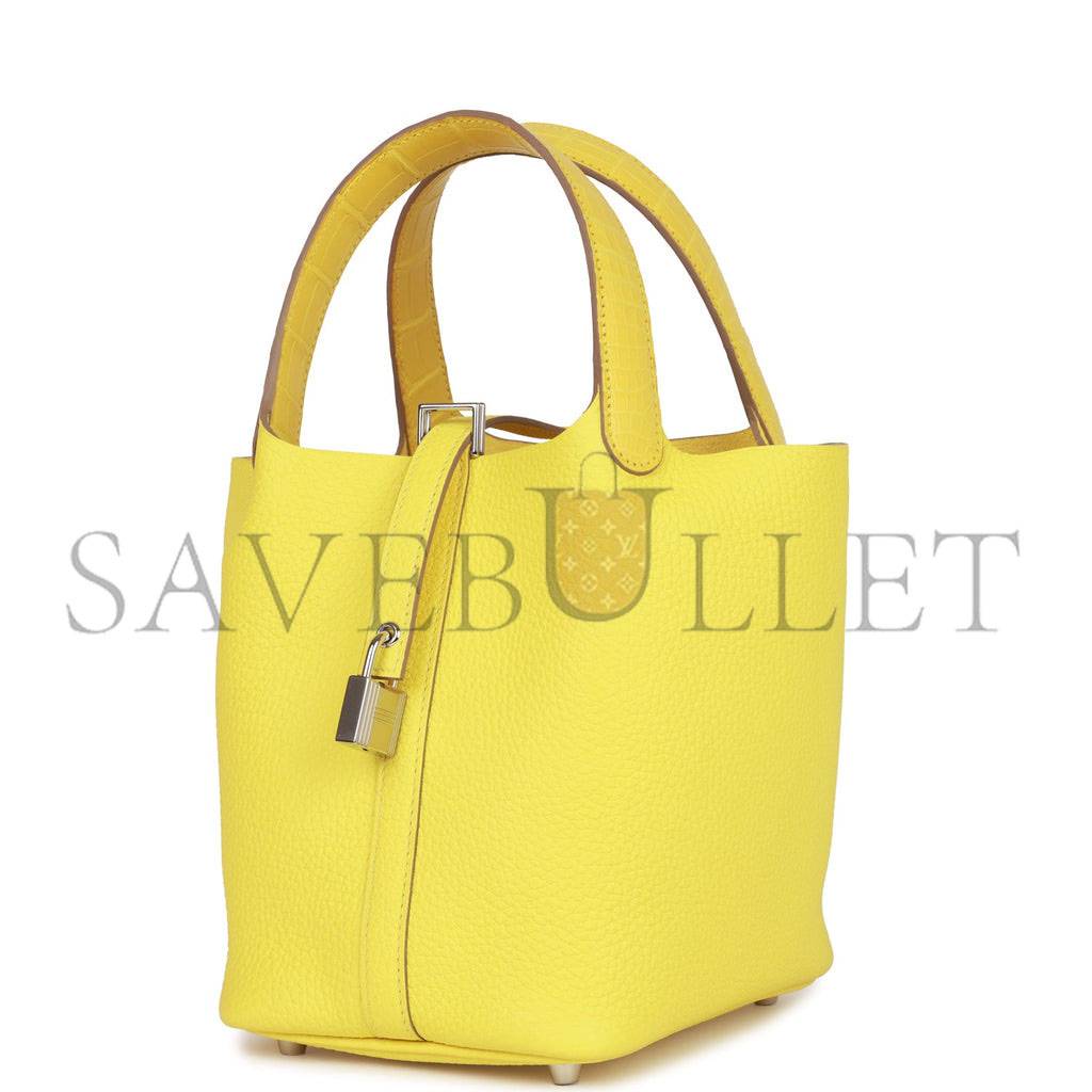 HERMES PICOTIN LOCK 18 MIMOSA MATTE ALLIGATOR AND LIME CLEMENCE TOUCH PALLADIUM HARDWARE(18*13*18cm)