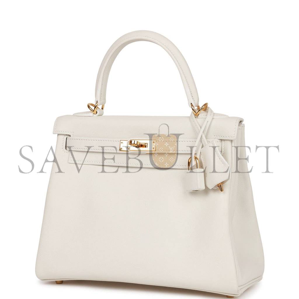 HERMES KELLY RETOURNE 25 WHITE SWIFT GOLD HARDWARE HANDMADE (25*17*7cm)