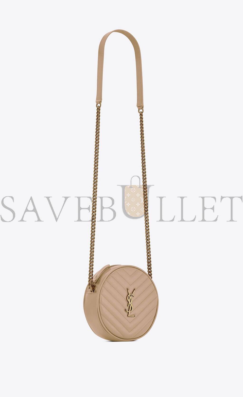 YSL VINYLE ROUND CAMERA BAG IN CHEVRON-QUILTED GRAIN DE POUDRE EMBOSSED LEATHER 6104361GF072721 (17*17*5.5cm)