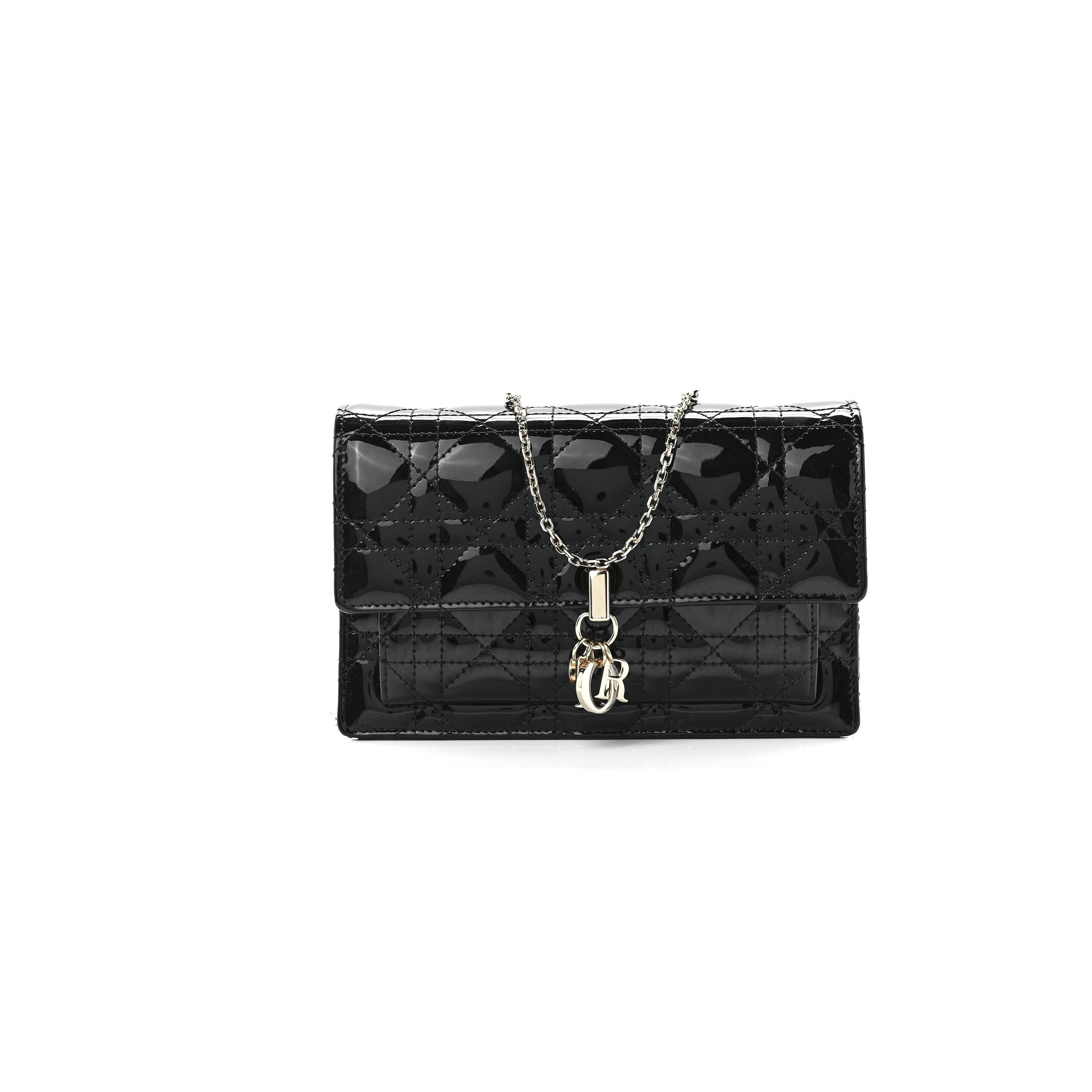 DIOR PATENT CANNAGE LADY DIOR CHAIN POUCH BLACK (19*13*4.4cm)