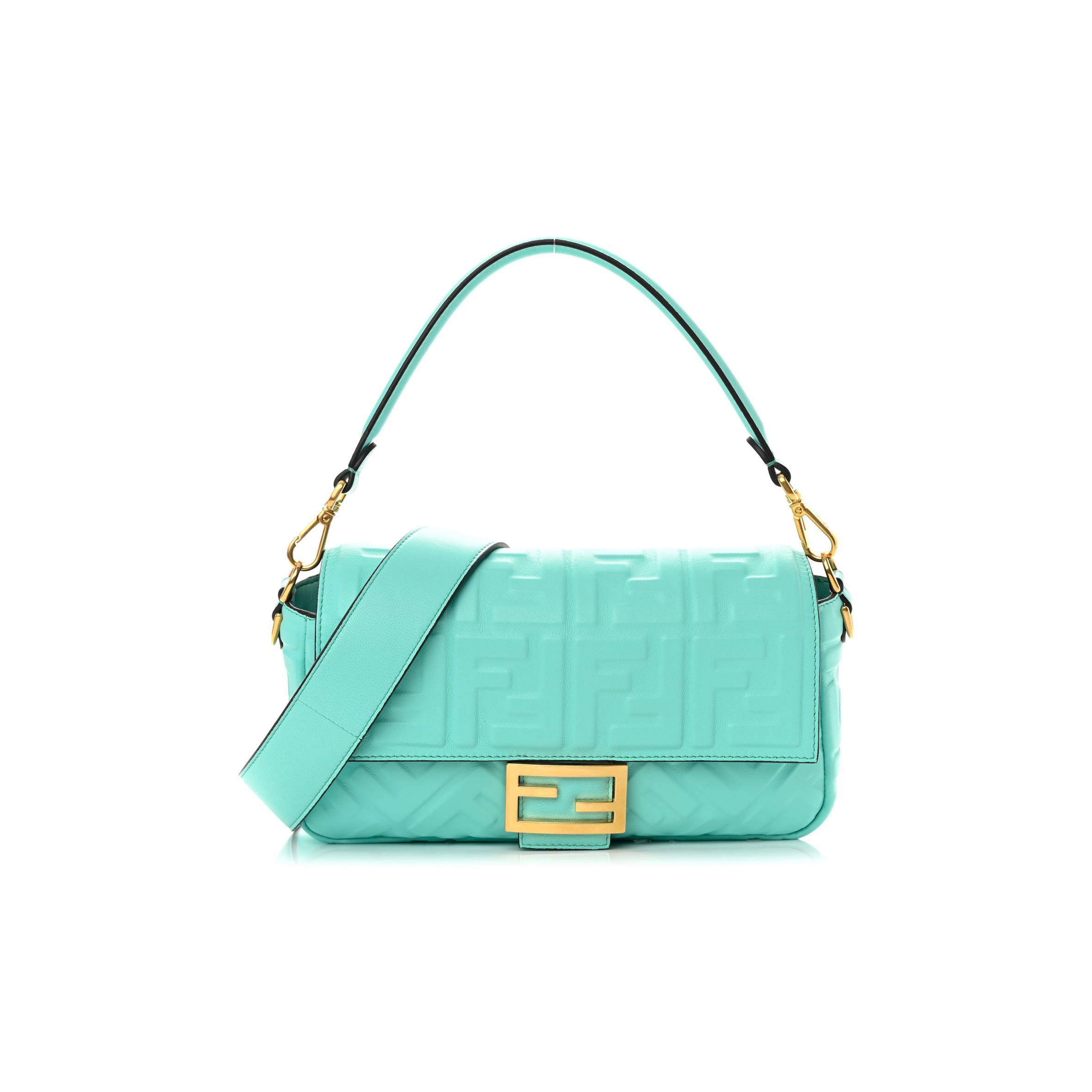 FENDI NAPPA FF 1974 EMBOSSED BAGUETTE SPRING TURQUOISE (27*15*5cm)